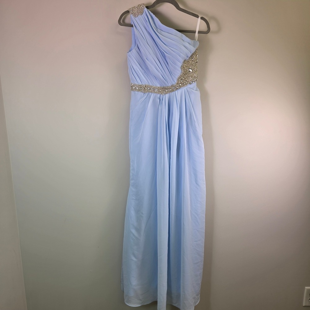 Light Blue One Shoulder Rhinestone Embellished Chiffon Maxi Prom Dress Gown